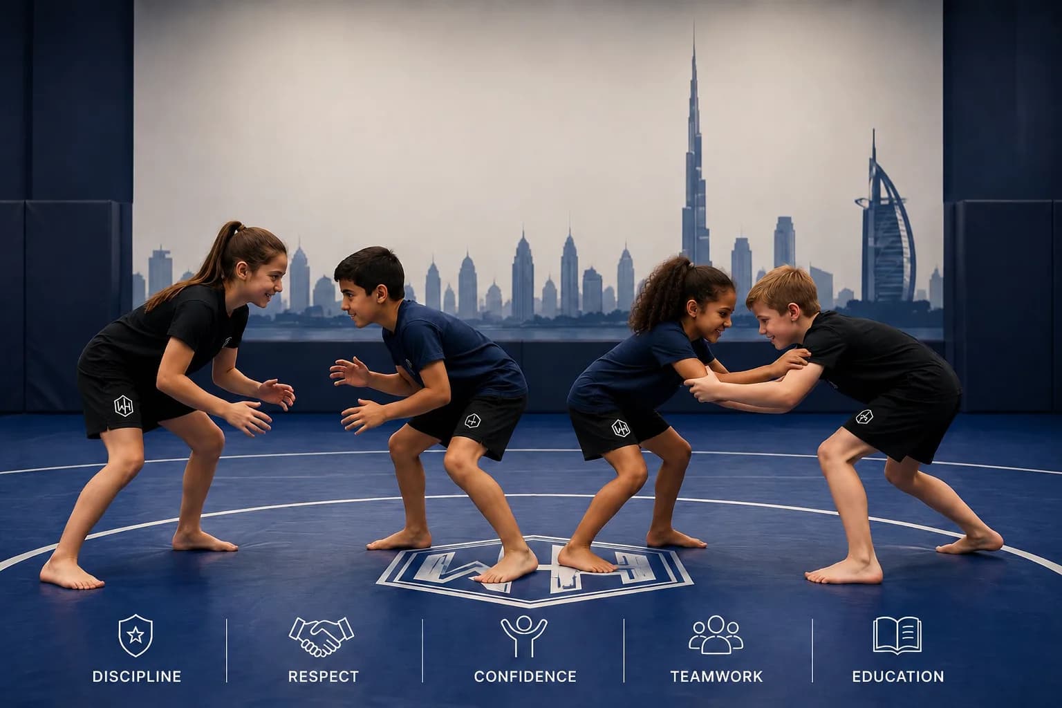 Children learning wrestling at Wrestling House in Dubai